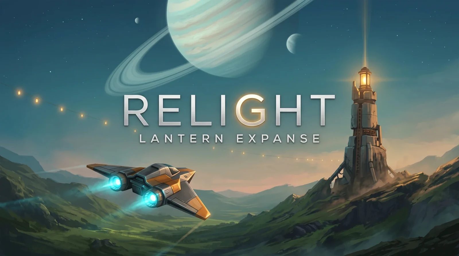 Relight: Lantern Expanse game artwork showing a ship, a lit tower, and a ringed planet