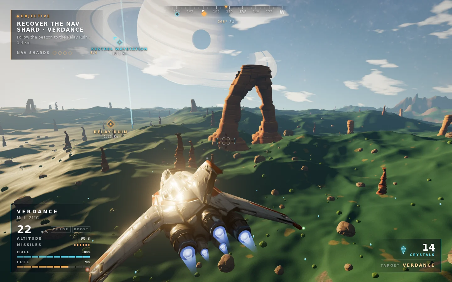 Flying over the surface of Verdance, with a relay ruin and a ringed planet in view